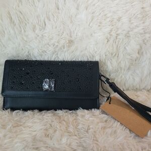 Steve Madden black / black rhinestone Logobar Trifold wallet/wristlet.